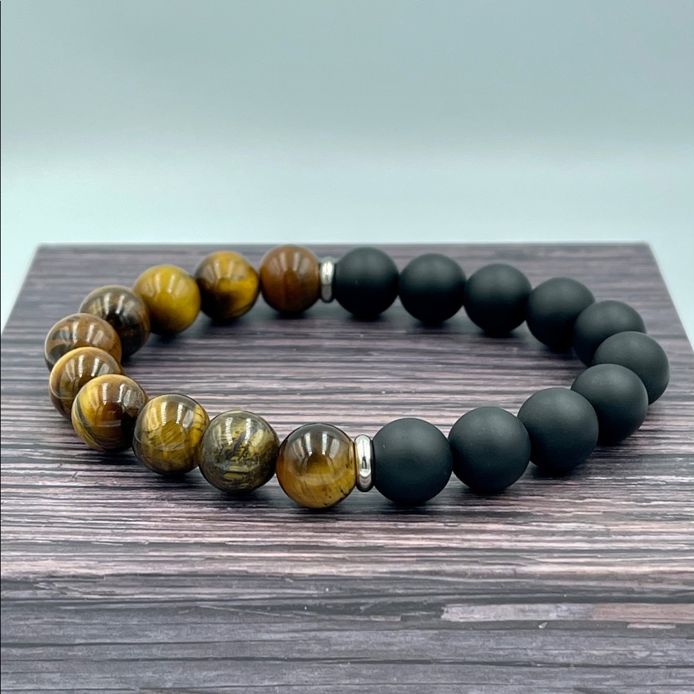 Yellow Tiger Eye and Black Onyx straight bracelet